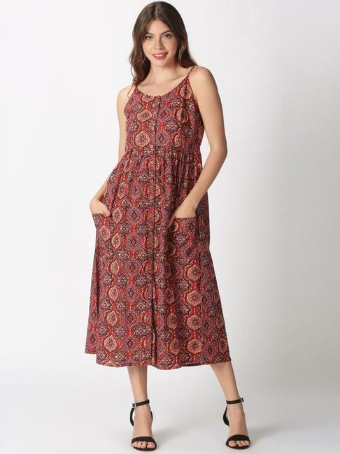 saffron threads red cotton printed empire-line dress