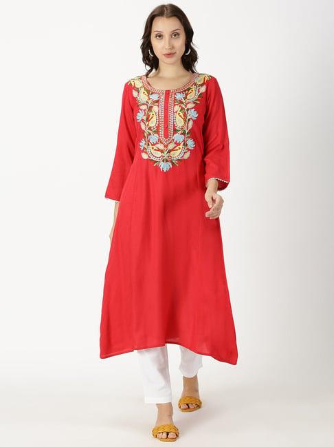 saffron threads red embroidered a line kurta