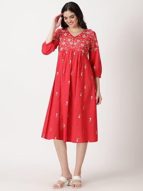 saffron threads red embroidered midi dress
