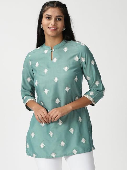 saffron threads sea green embroidered tunic