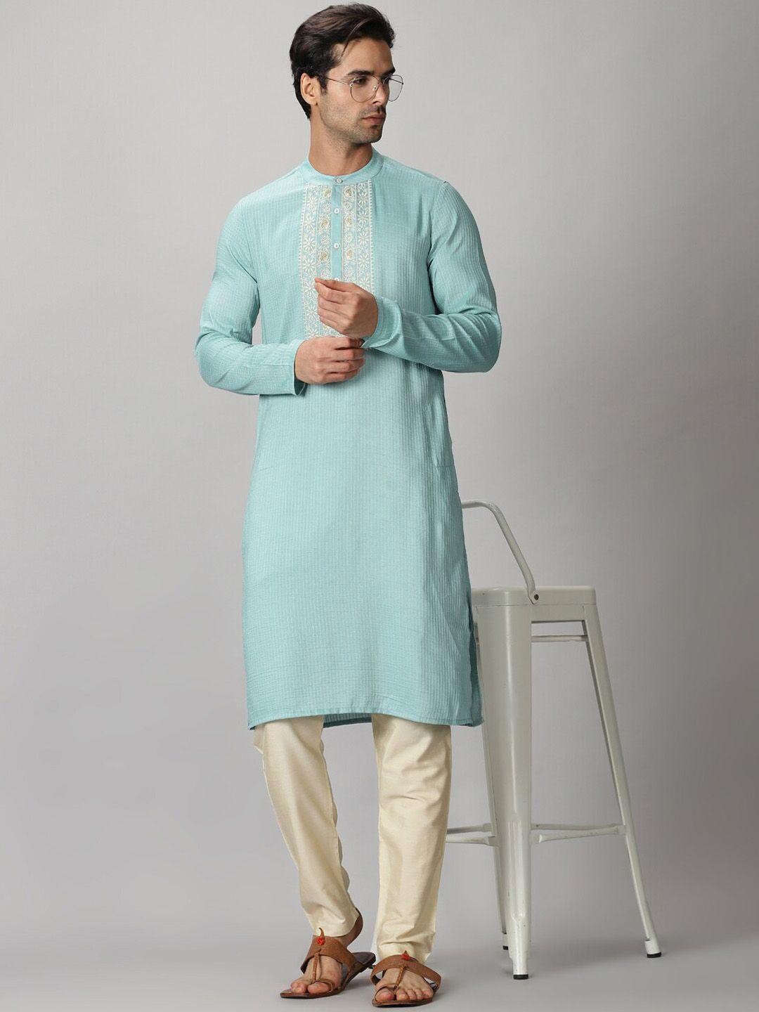 saffron threads striped chikankari detailed yoke design kurta