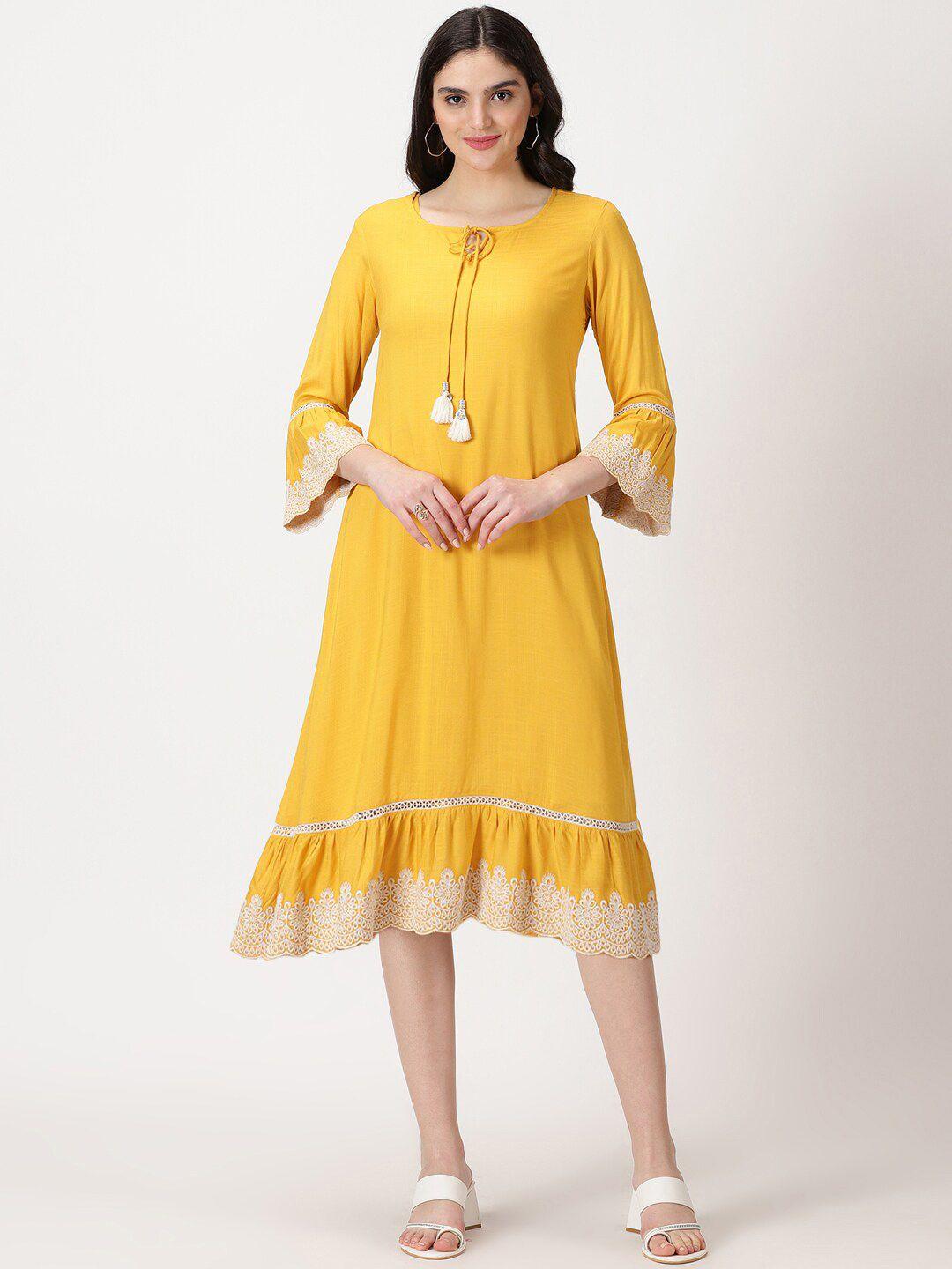 saffron threads tie-up neck a-line midi dress with lace insert & embroidered detail