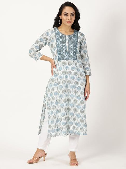 saffron threads white & blue cotton printed straight kurta