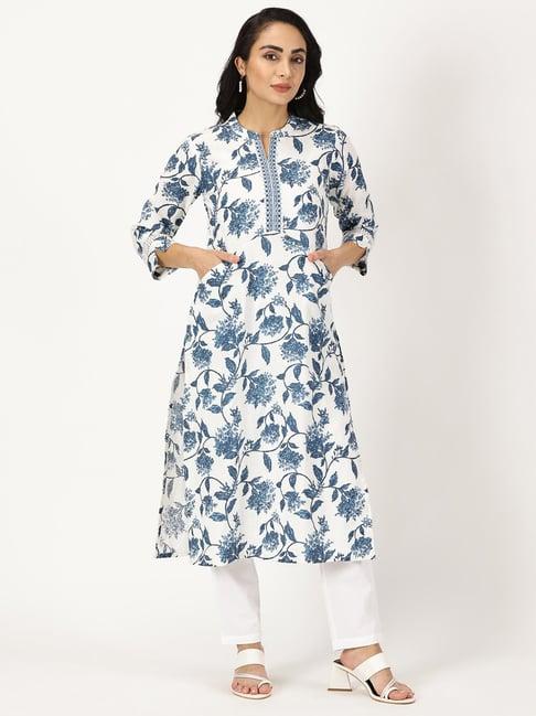 saffron threads white & blue floral print straight kurta