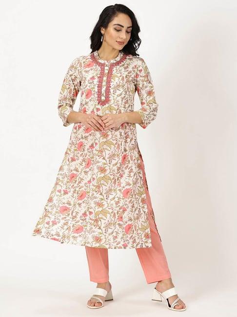 saffron threads white & peach cotton floral print straight kurta