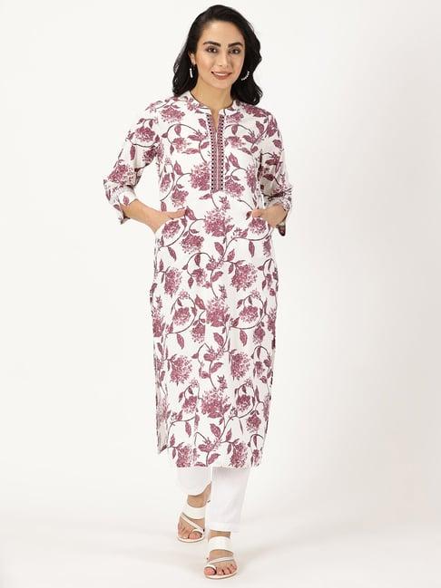 saffron threads white & wine floral print straight kurta