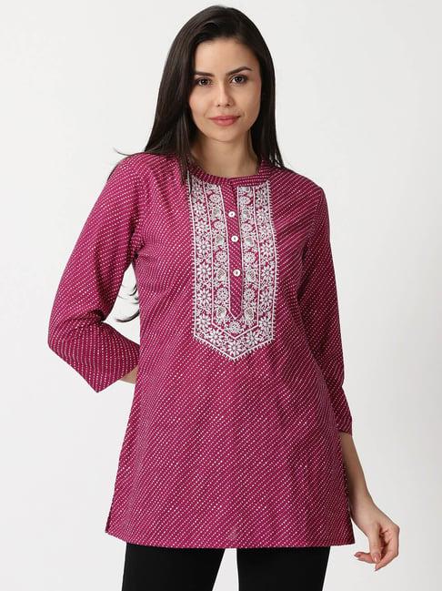 saffron threads wine cotton leheriya print tunic