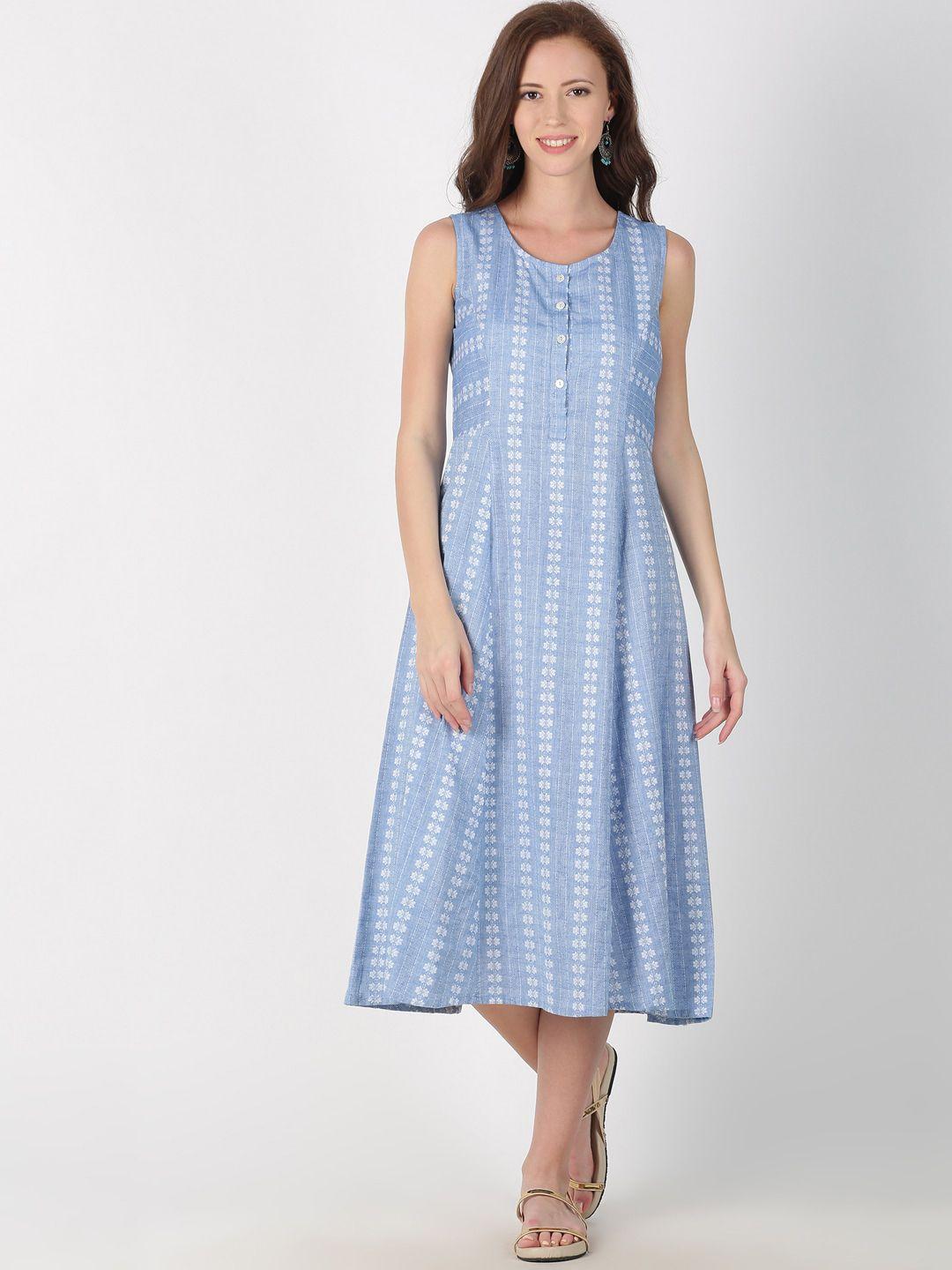 saffron threads women blue & white floral print a-line dress