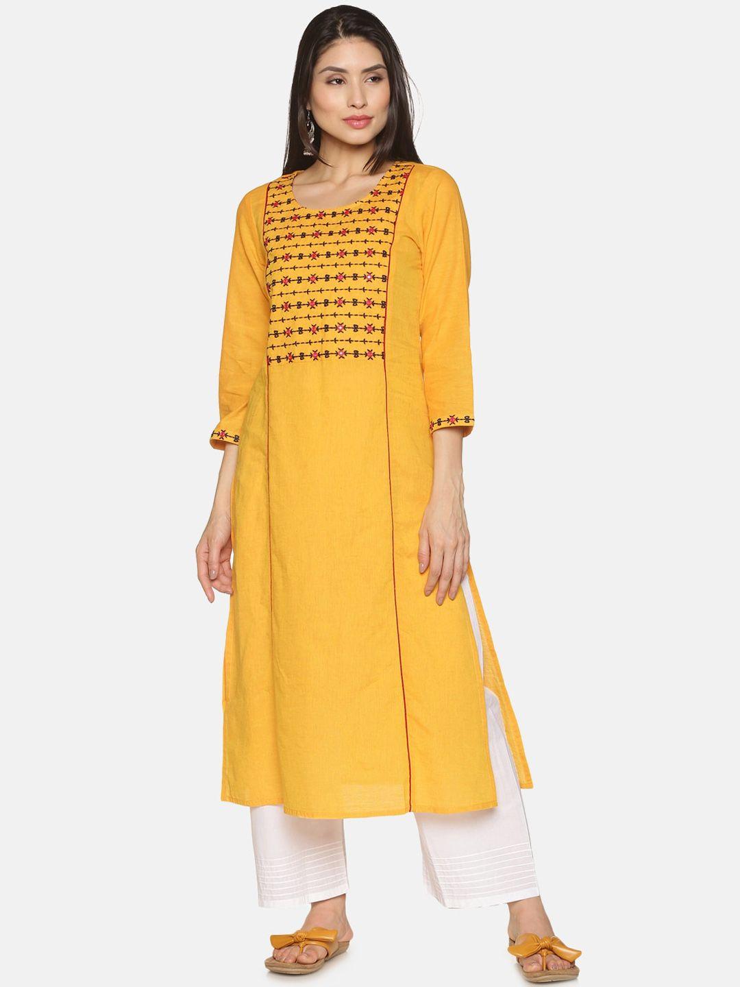 saffron threads women embroidered yoke panelled cotton kurta