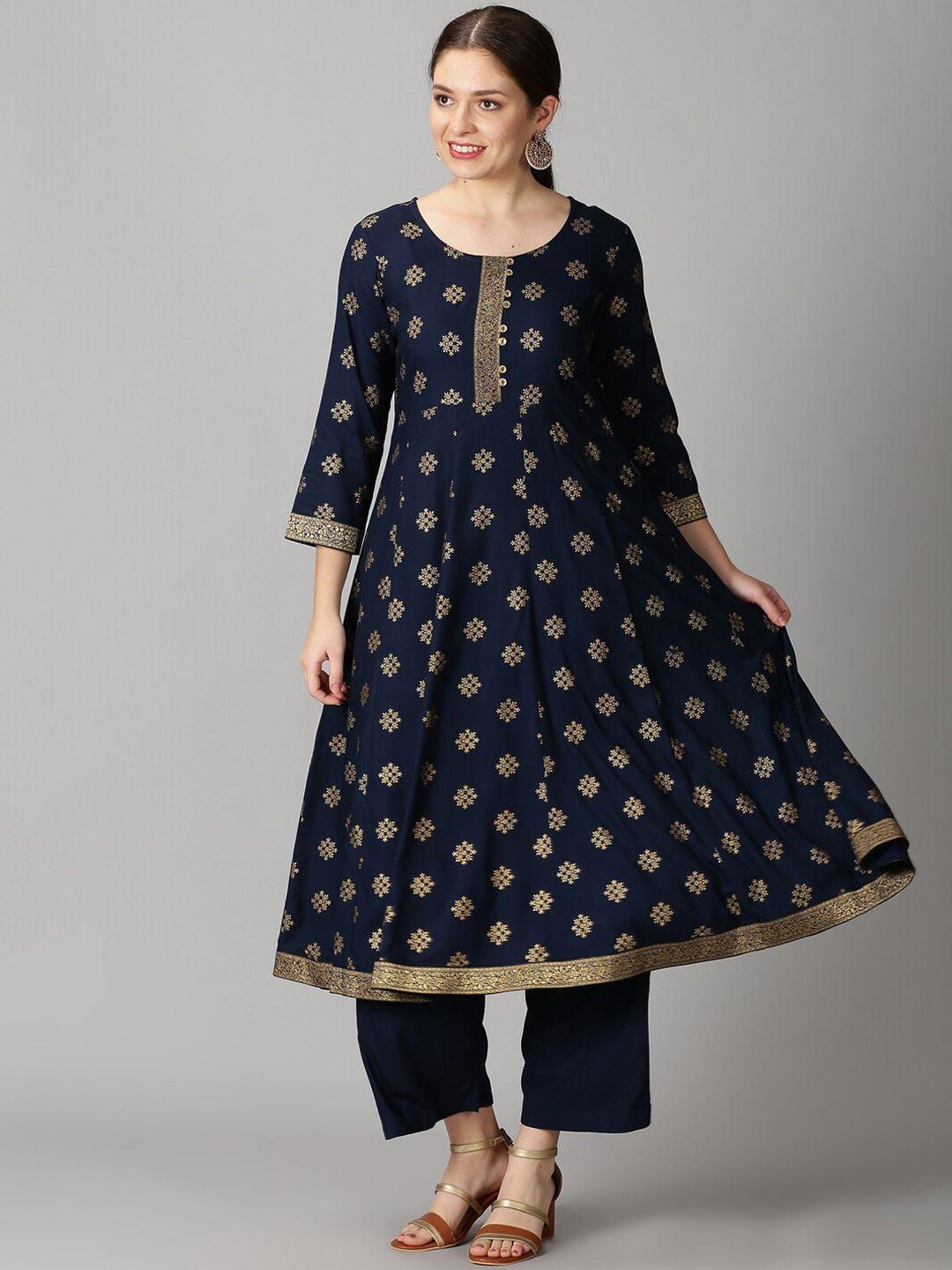 saffron threads women navy blue ethnic motifs foil printed anarkali kurta