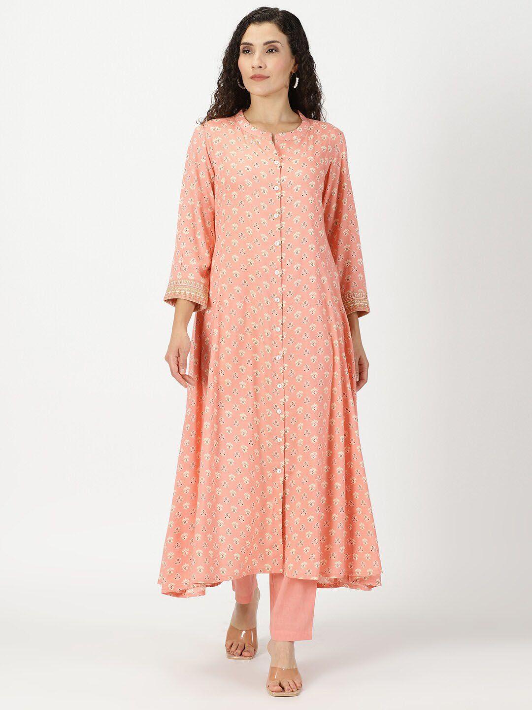 saffron threads women peach-coloured floral printed thread work pastels kurta