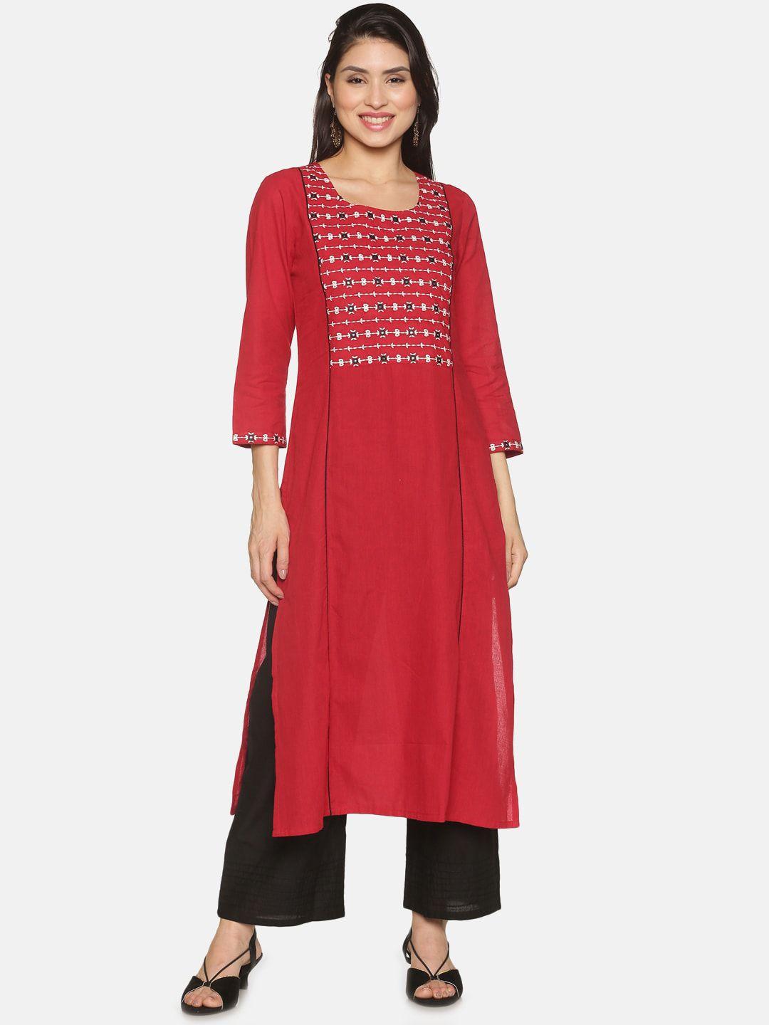 saffron threads women red cotton panelled kurta with embroidered yoke