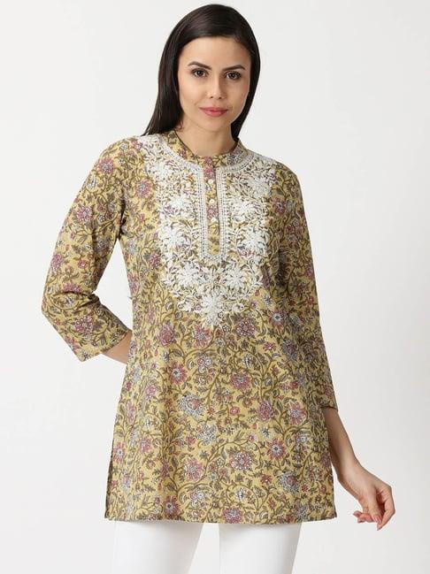 saffron threads yellow cotton floral print tunic