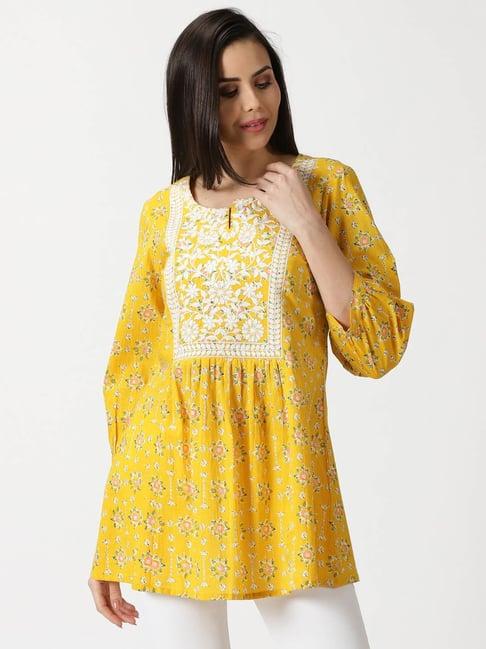 saffron threads yellow cotton floral print tunic