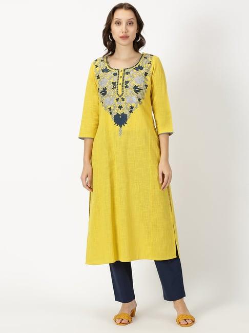 saffron threads yellow embroidered straight kurta