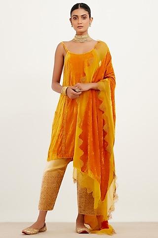 saffron velvet embroidered kurta set