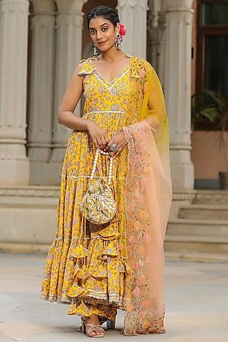 saffron yellow cambric cotton gota work anarkali set