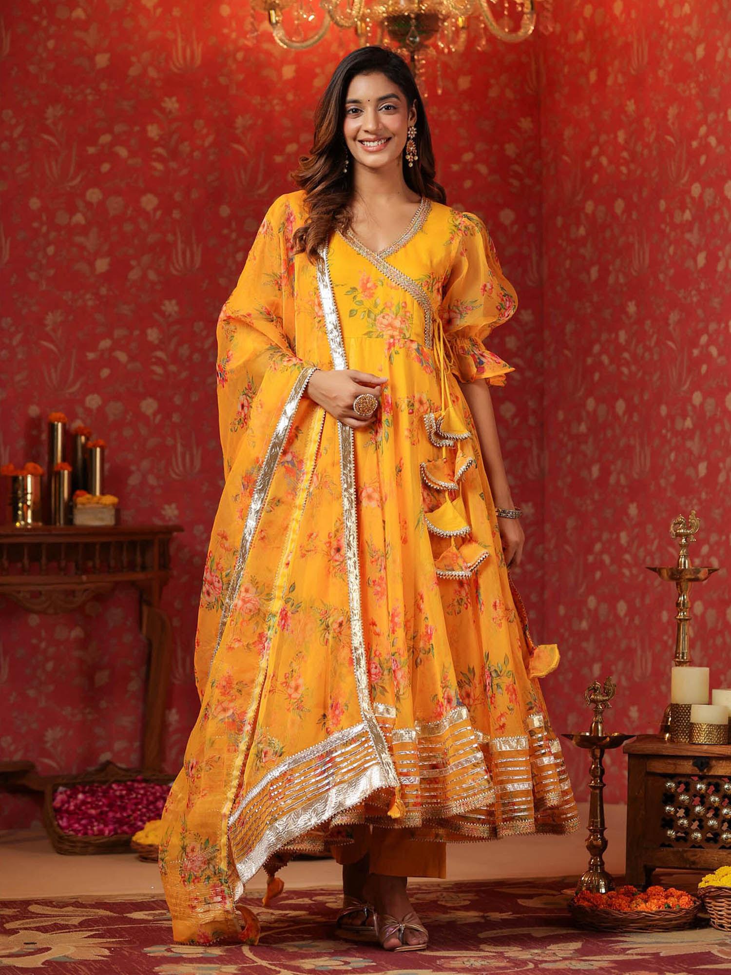 saffron yellow organza anarkali kurta with pant & dupatta (set of 3)