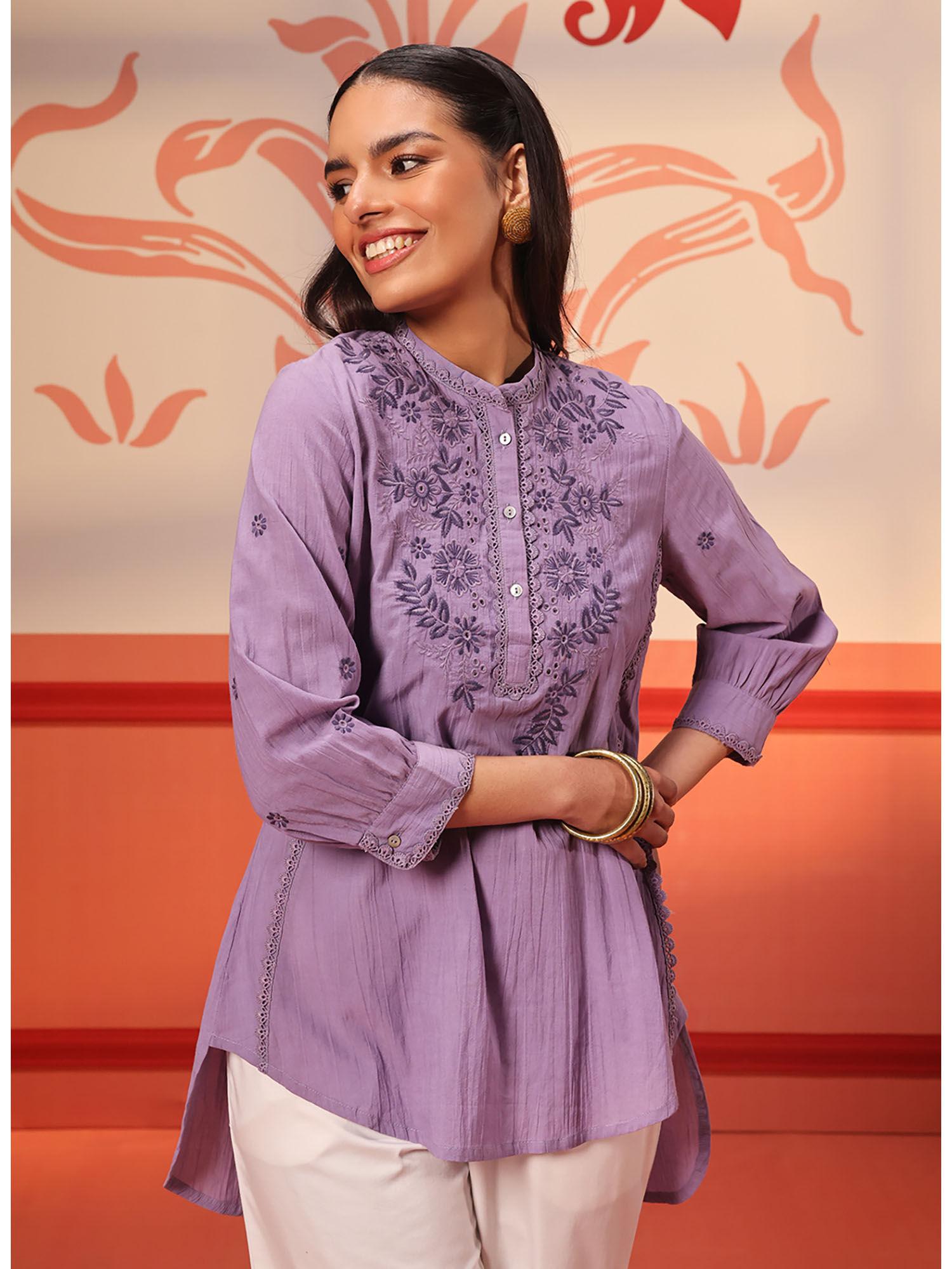 safia purple embroidered georgette tunic for women