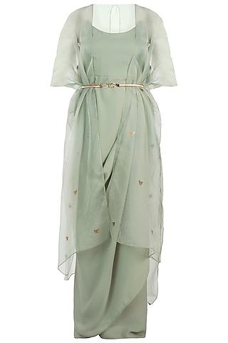 sage green bodysuit with kimono style cape