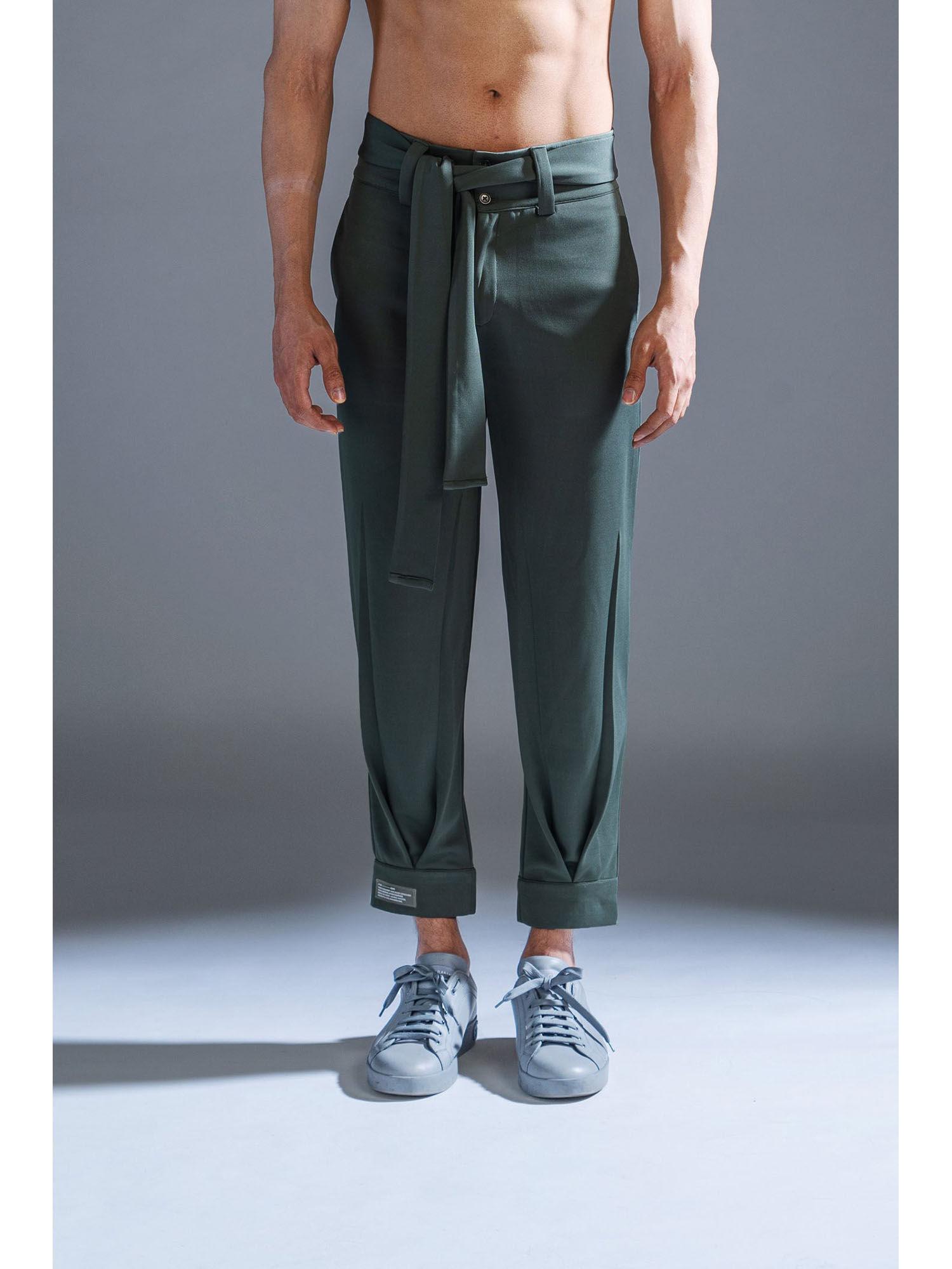 sage green polyester trouser with belt (set of 2)