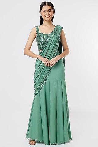 sage green raw silk & georgette sequins embroidered skirt saree set