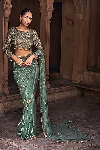 sage green tulle tassel embroidered pre-stitched saree set