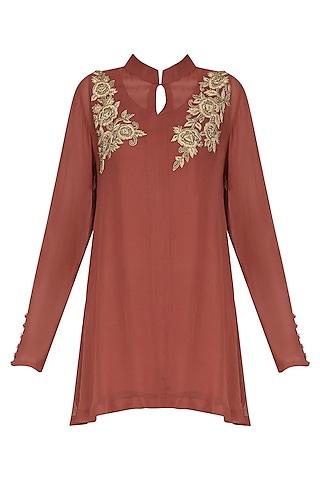 sage brick red embroidered tunic