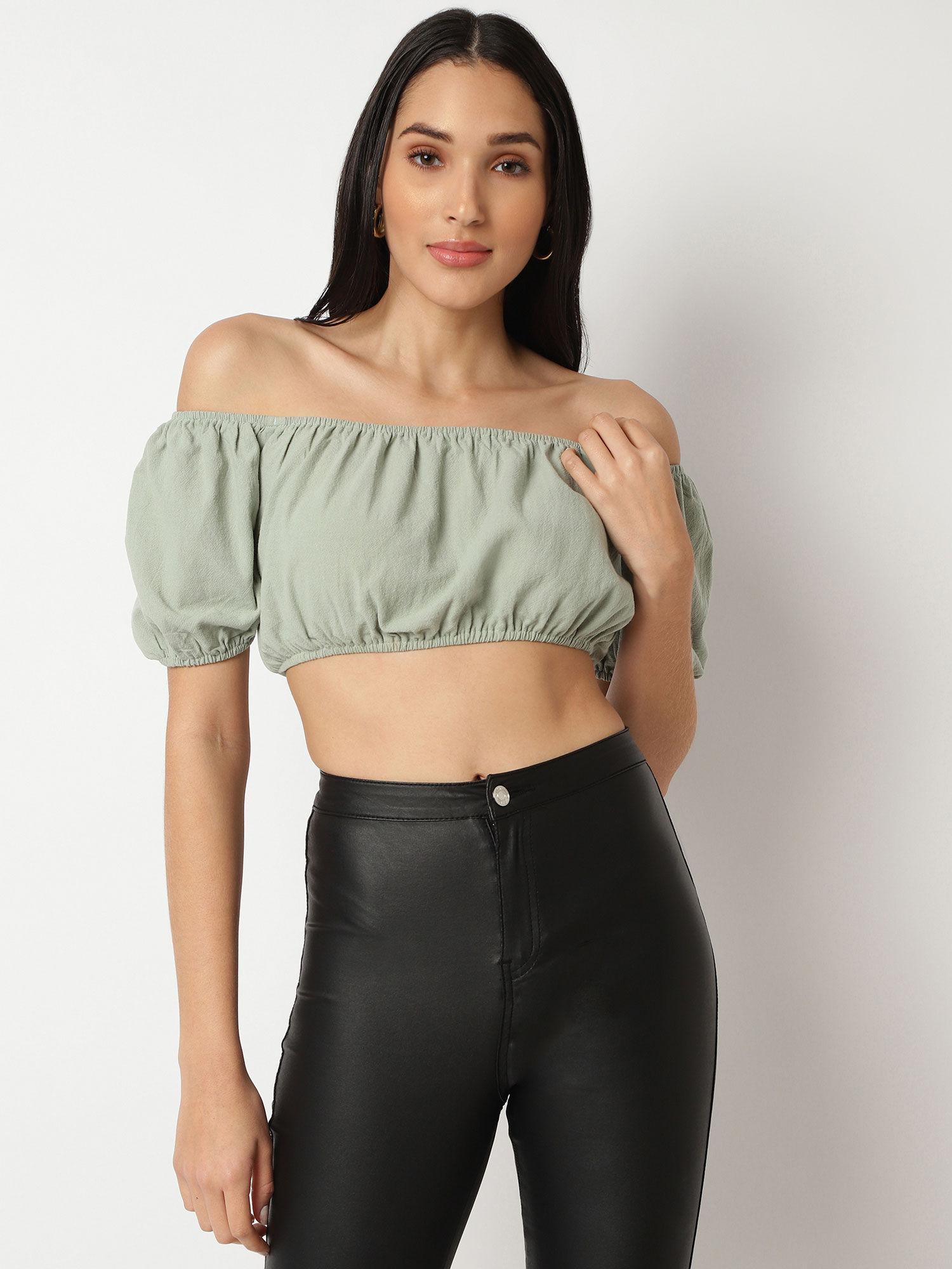 sage co ord linen look ruched crop top