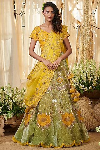 sage green & yellow embroidered lehenga set