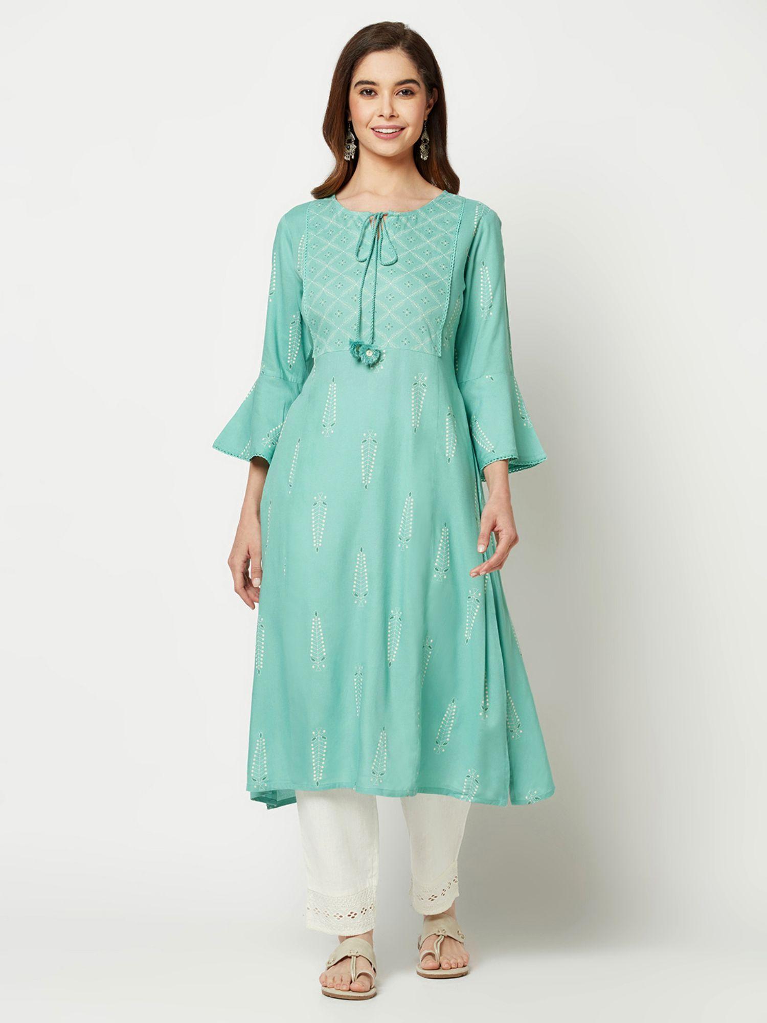 sage green a line chikankari kurta