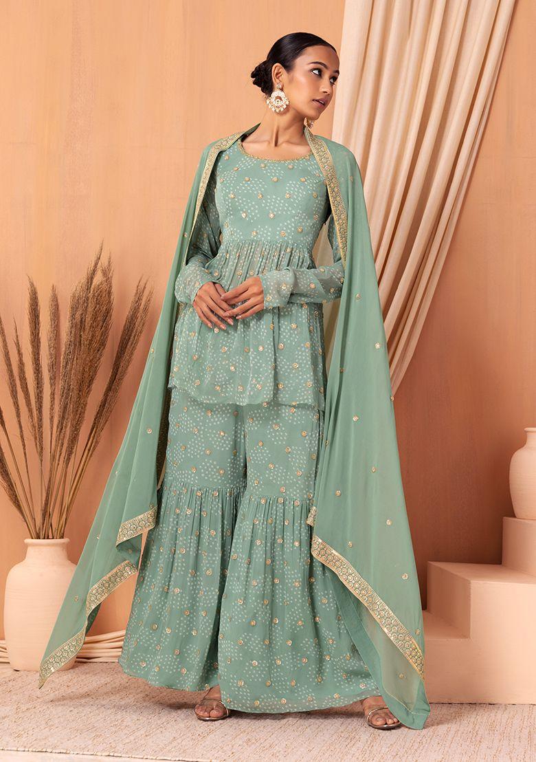 sage green bandhani print embroidered gharara set with peplum kurta and dupatta