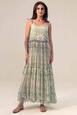 sage green bemberg chiffon placement printed tiered dress