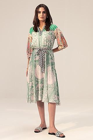 sage green bemberg georgette placement printed midi dress with belt