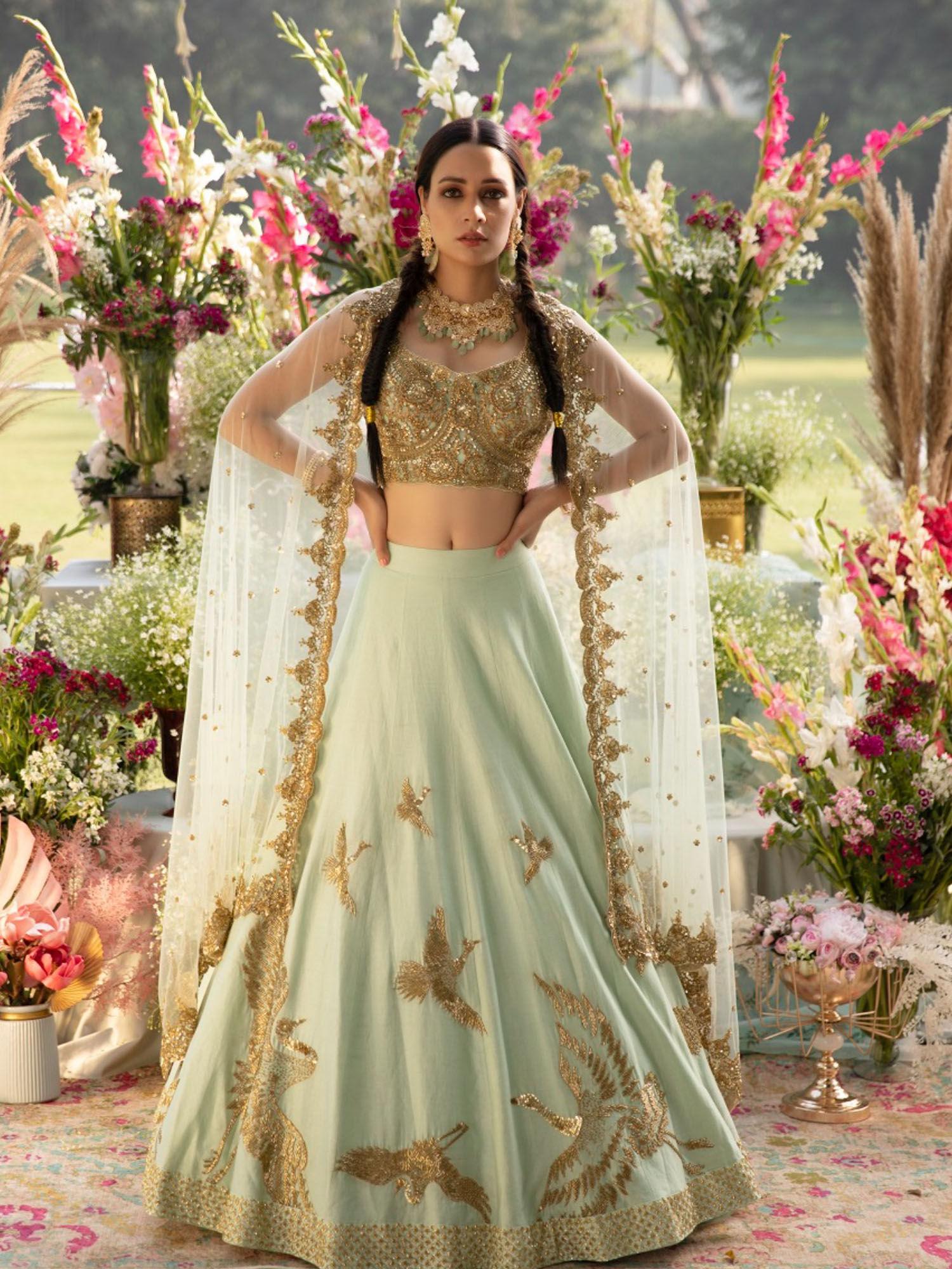 sage green bird embroidered lehenga with choli and dupatta (set of 3)