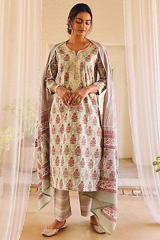 sage green block printed kurta set