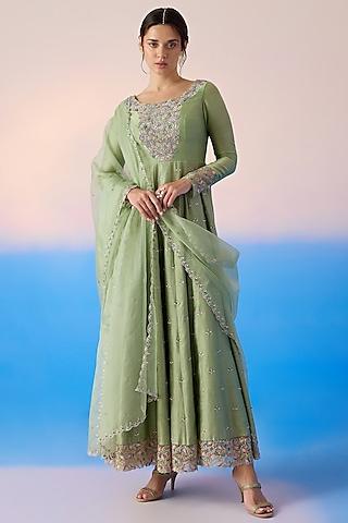 sage green chanderi & viscose crepe embroidered anarkali set