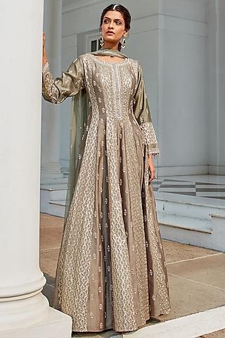 sage green chanderi embroidered anarkali set