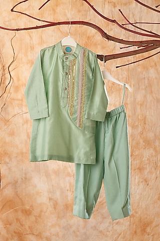 sage green chanderi embroidered kurta set for boys