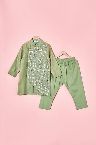 sage green chanderi embroidered kurta set for boys