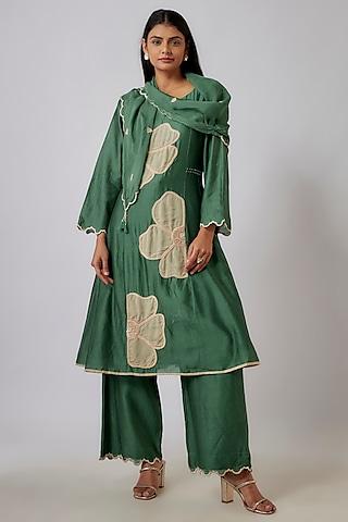 sage green chanderi floral applique embroidered kurta set