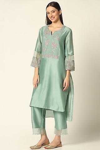 sage green chanderi silk embroidered kurta set