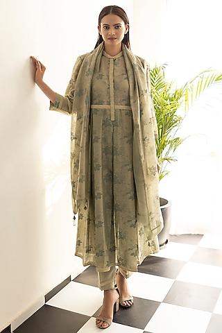 sage green chanderi silk printed kurta set