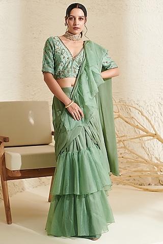 sage green chiffon & organza ruffled saree set