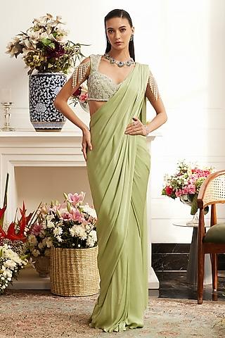 sage green chiffon pleated draped saree set