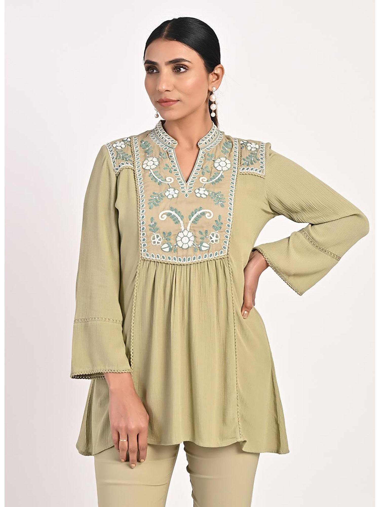 sage green collared tunic with embroidery at yoke