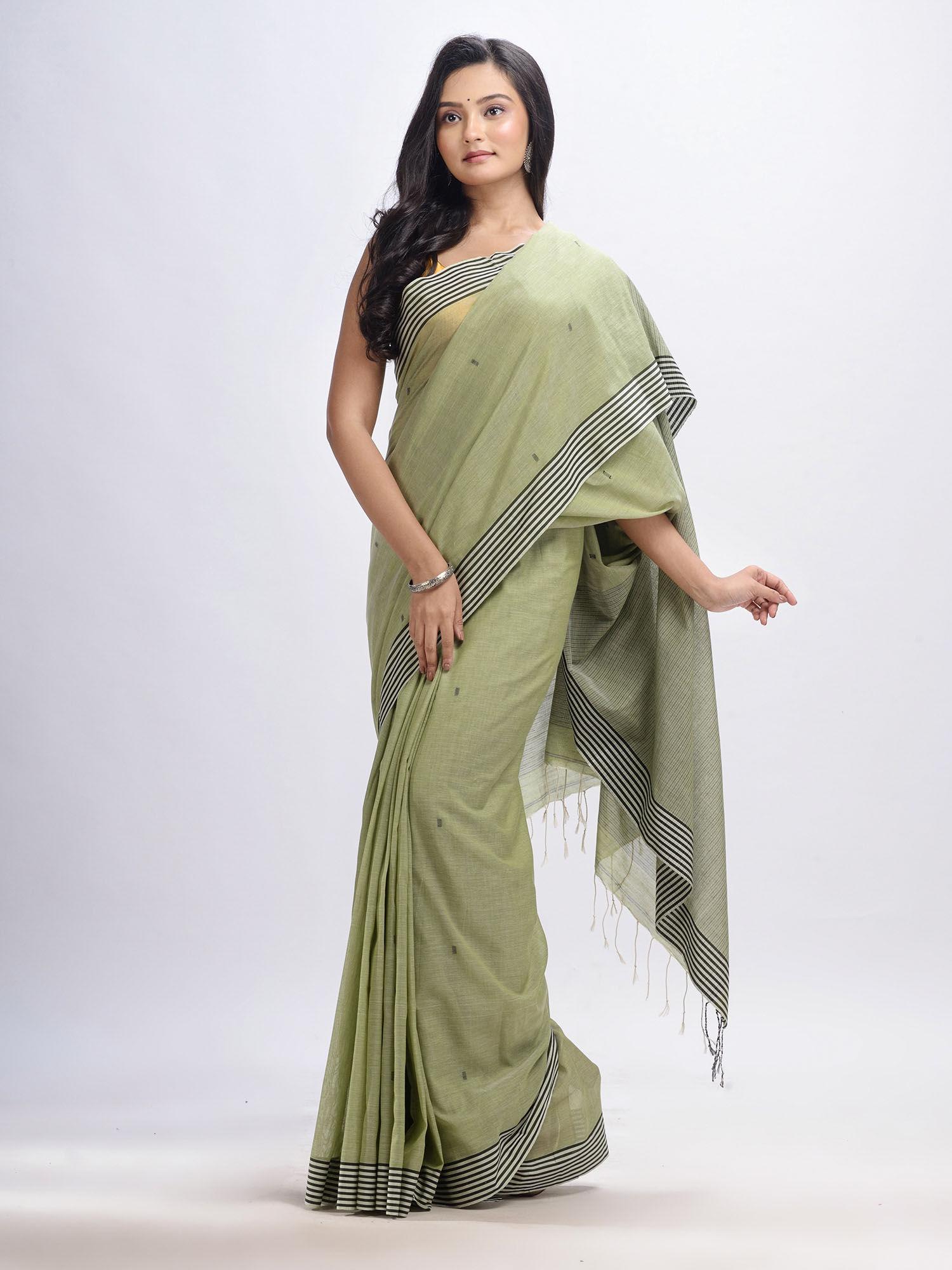 sage green cotton handloom with pallu stripes jamdani saree with unstitched blouse