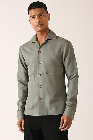sage green cotton linen shirt with flap pockets