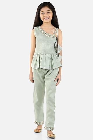 sage green cotton pant set for girls