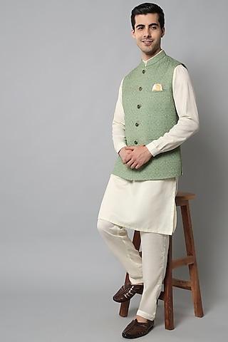 sage green cotton silk bundi jacket with kurta set for boys